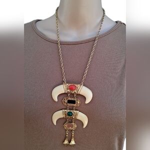 VTG HMS Madeira Creations Tribal Tusk Necklace Gold Tone Multi-Color Cabochon